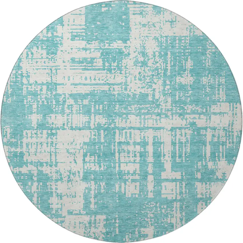 8' Aqua And Ivory Abstract Washable Round Rug With UV Protection Photo 4