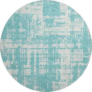Photo of 8' Aqua And Ivory Abstract Washable Round Rug With UV Protection