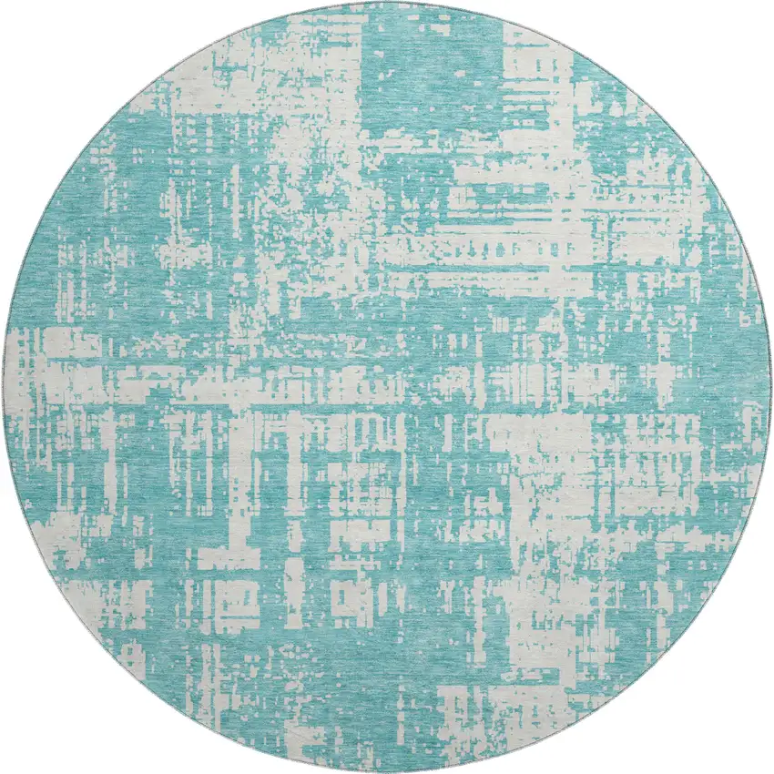 8' Aqua And Ivory Abstract Washable Round Rug With UV Protection Photo 1