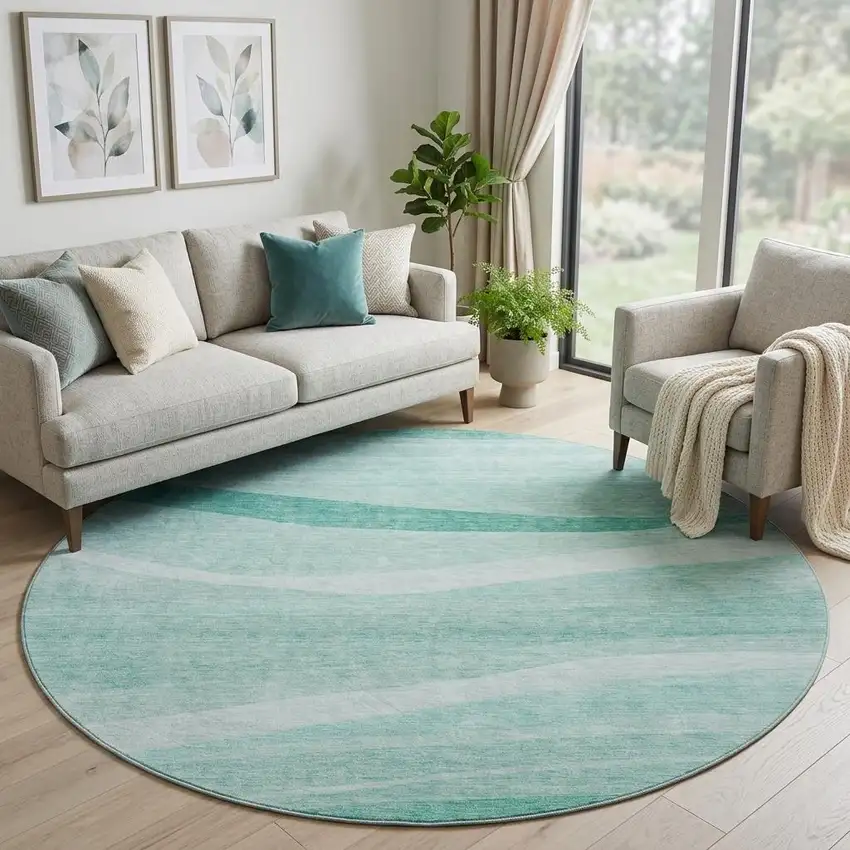 8' Aqua And Ivory Abstract Washable Round Rug With UV Protection Photo 1