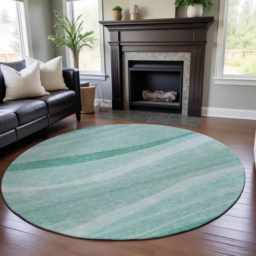 8' Aqua And Ivory Abstract Washable Round Rug With UV Protection Photo 4