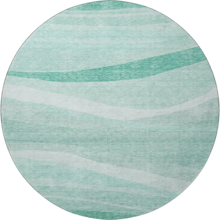 8' Aqua And Ivory Abstract Washable Round Rug With UV Protection Photo 3
