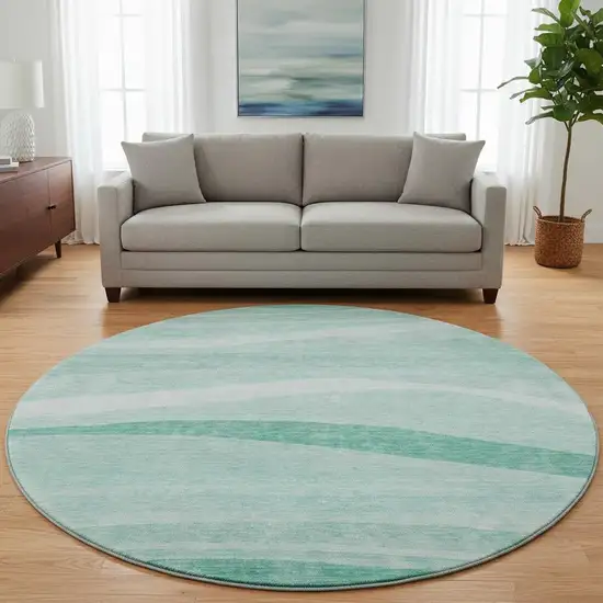 8' Aqua And Ivory Abstract Washable Round Rug With UV Protection Photo 2