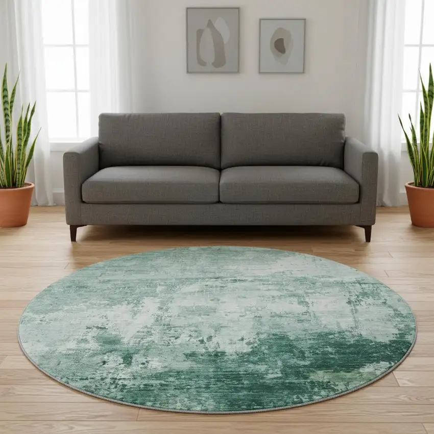 8' Aqua And Ivory Abstract Washable Round Rug With UV Protection Photo 2