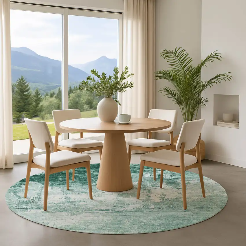 8' Aqua And Ivory Abstract Washable Round Rug With UV Protection Photo 4