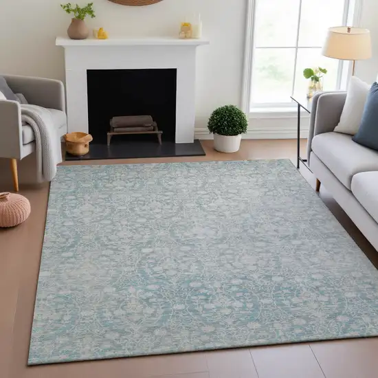 8' Aqua And Ivory Damask Washable Area Rug With UV Protection Photo 4