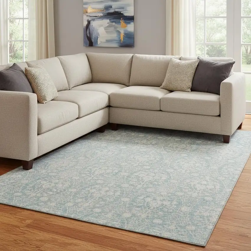 8' Aqua And Ivory Damask Washable Area Rug With UV Protection Photo 2