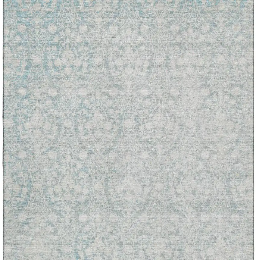8' Aqua And Ivory Damask Washable Area Rug With UV Protection Photo 4