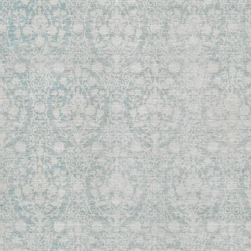 8' Aqua And Ivory Damask Washable Area Rug With UV Protection Photo 2