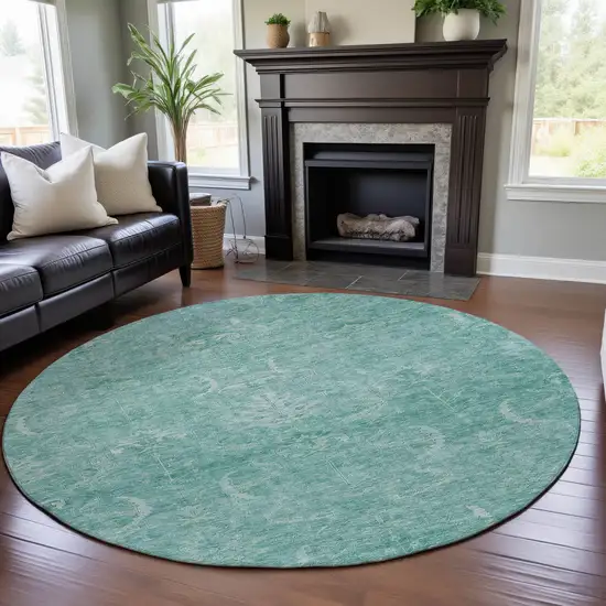 8' Aqua And Ivory Damask Washable Round Rug With UV Protection Photo 4