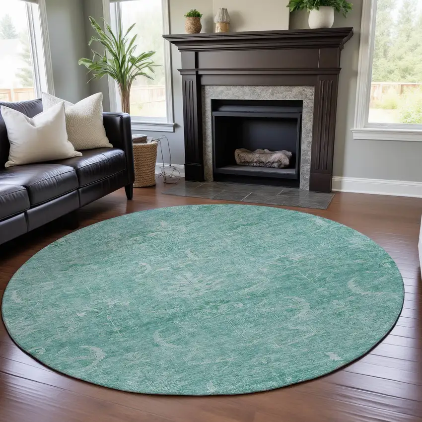 8' Aqua And Ivory Damask Washable Round Rug With UV Protection Photo 4