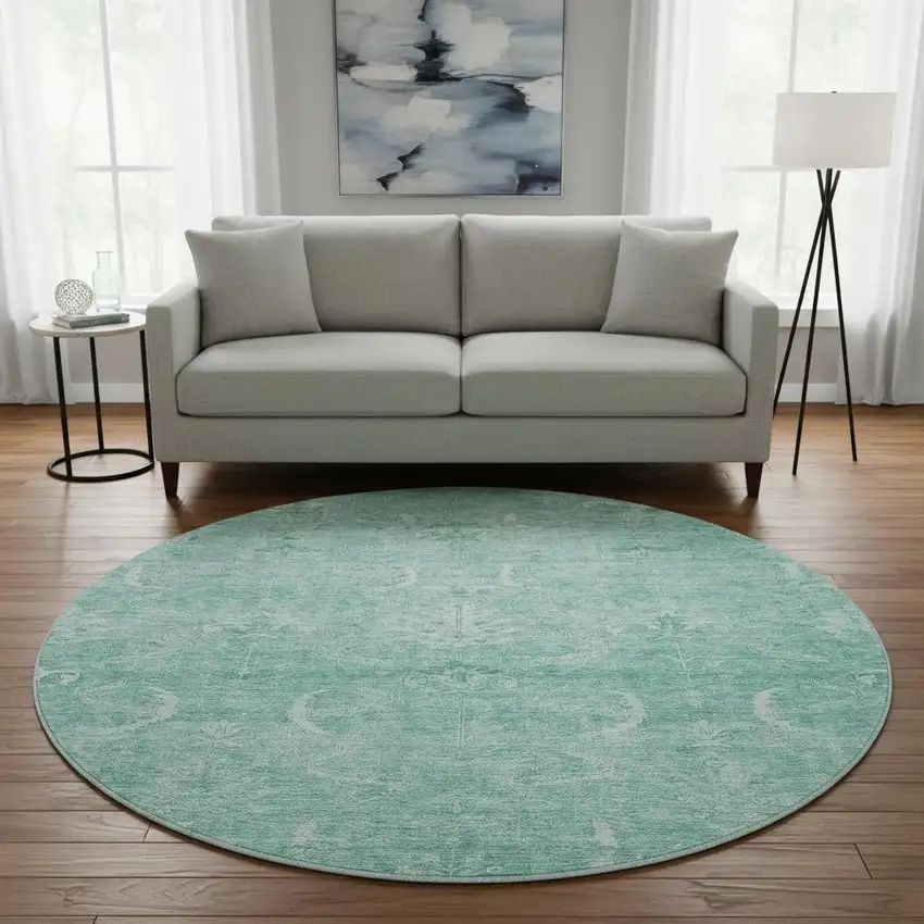 8' Aqua And Ivory Damask Washable Round Rug With UV Protection Photo 2