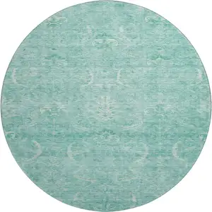 Photo of 8' Aqua And Ivory Damask Washable Round Rug With UV Protection