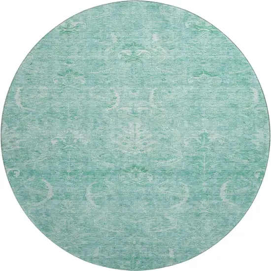 8' Aqua And Ivory Damask Washable Round Rug With UV Protection Photo 1