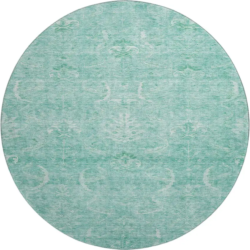 8' Aqua And Ivory Damask Washable Round Rug With UV Protection Photo 1