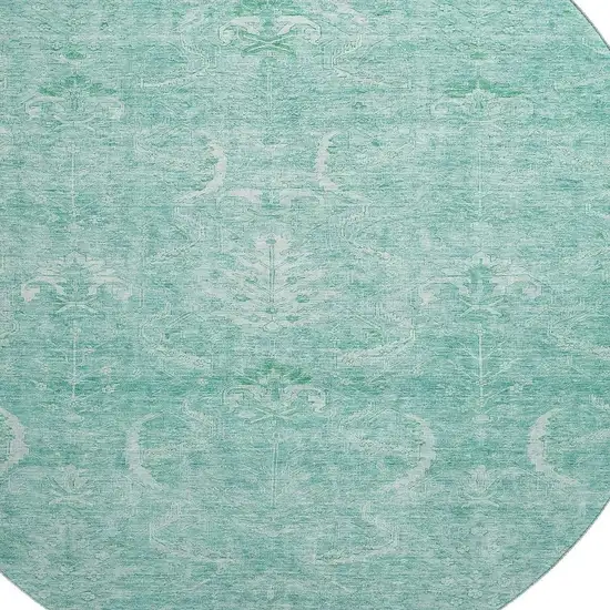 8' Aqua And Ivory Damask Washable Round Rug With UV Protection Photo 2