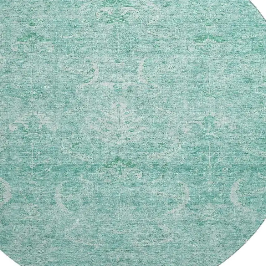 8' Aqua And Ivory Damask Washable Round Rug With UV Protection Photo 2