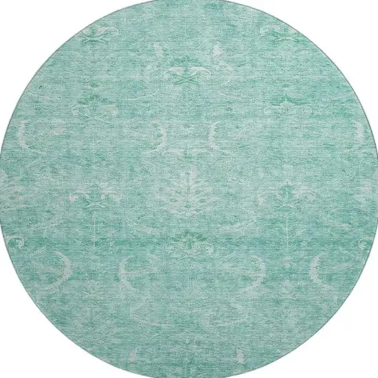 8' Aqua And Ivory Damask Washable Round Rug With UV Protection Photo 3