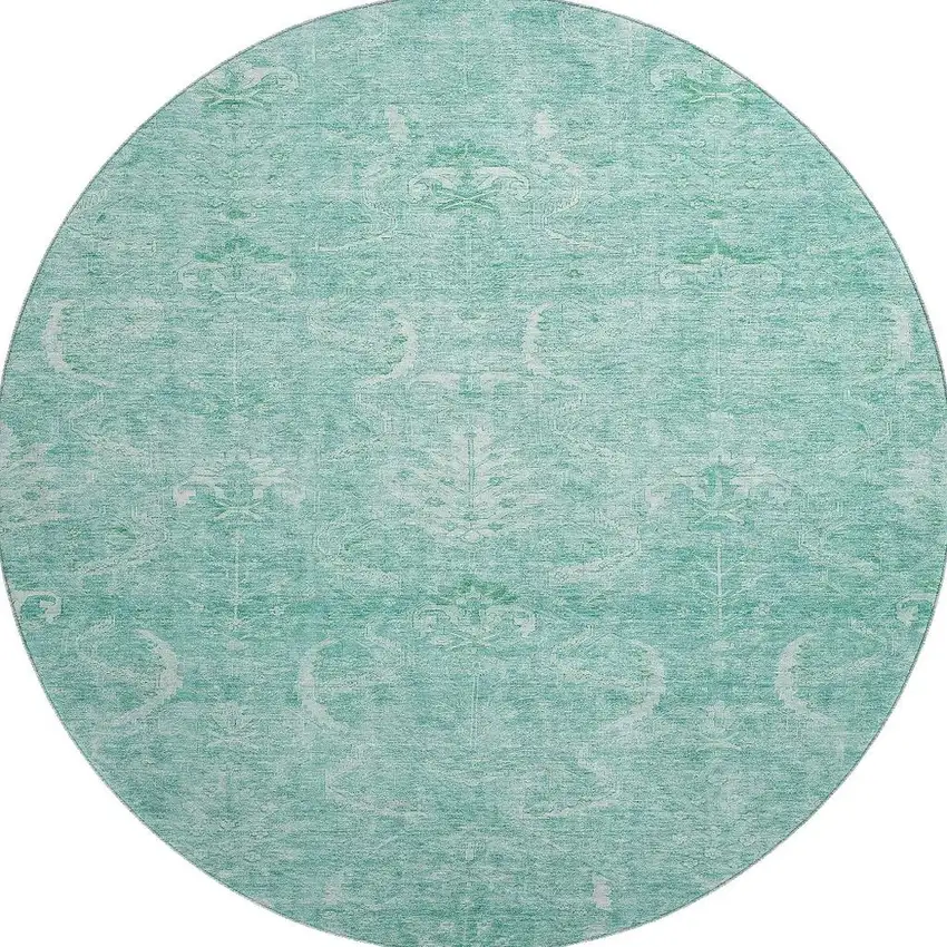 8' Aqua And Ivory Damask Washable Round Rug With UV Protection Photo 3