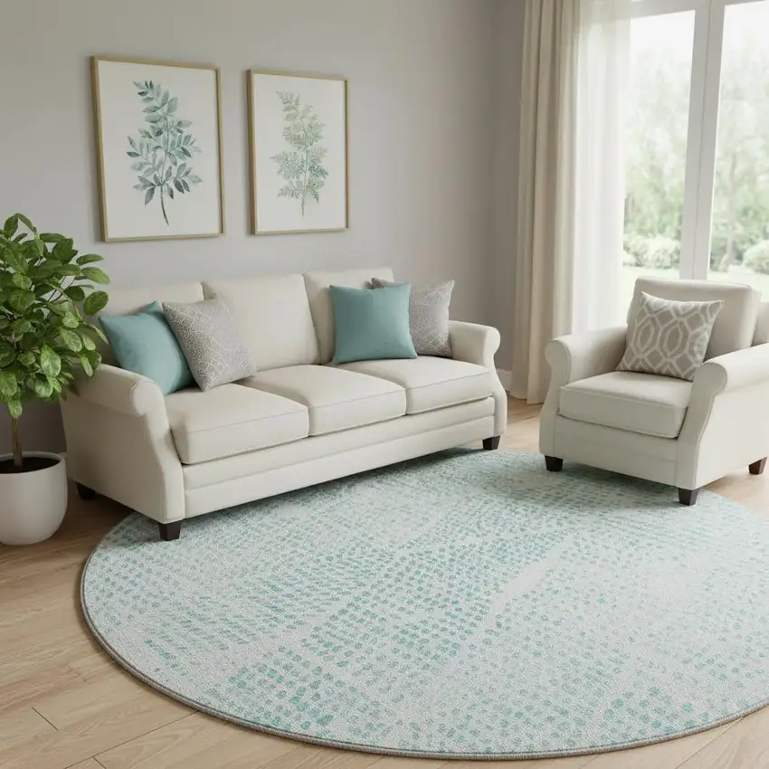 8' Aqua And Ivory Diamond Washable Round Rug With UV Protection Photo 1