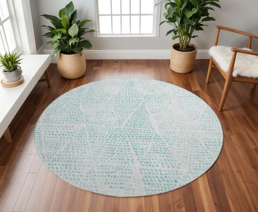 8' Aqua And Ivory Diamond Washable Round Rug With UV Protection Photo 2