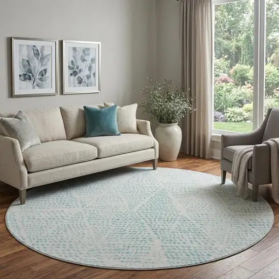 8' Aqua And Ivory Diamond Washable Round Rug With UV Protection Photo 1