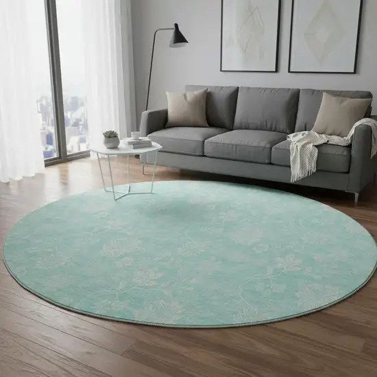 8' Aqua And Ivory Floral Washable Round Rug With UV Protection Photo 2