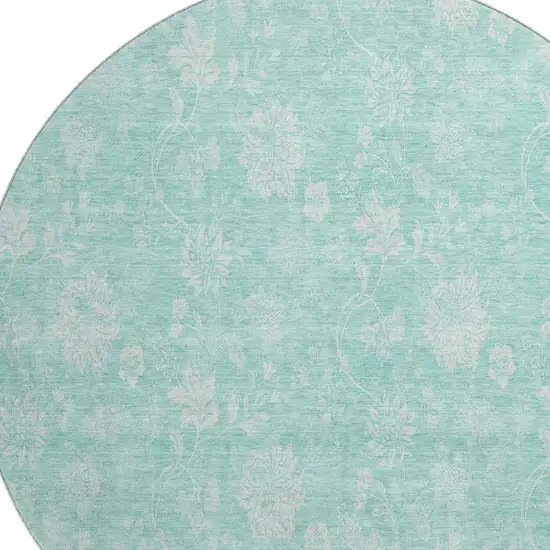 8' Aqua And Ivory Floral Washable Round Rug With UV Protection Photo 4
