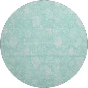 Photo of 8' Aqua And Ivory Floral Washable Round Rug With UV Protection