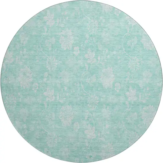 8' Aqua And Ivory Floral Washable Round Rug With UV Protection Photo 1