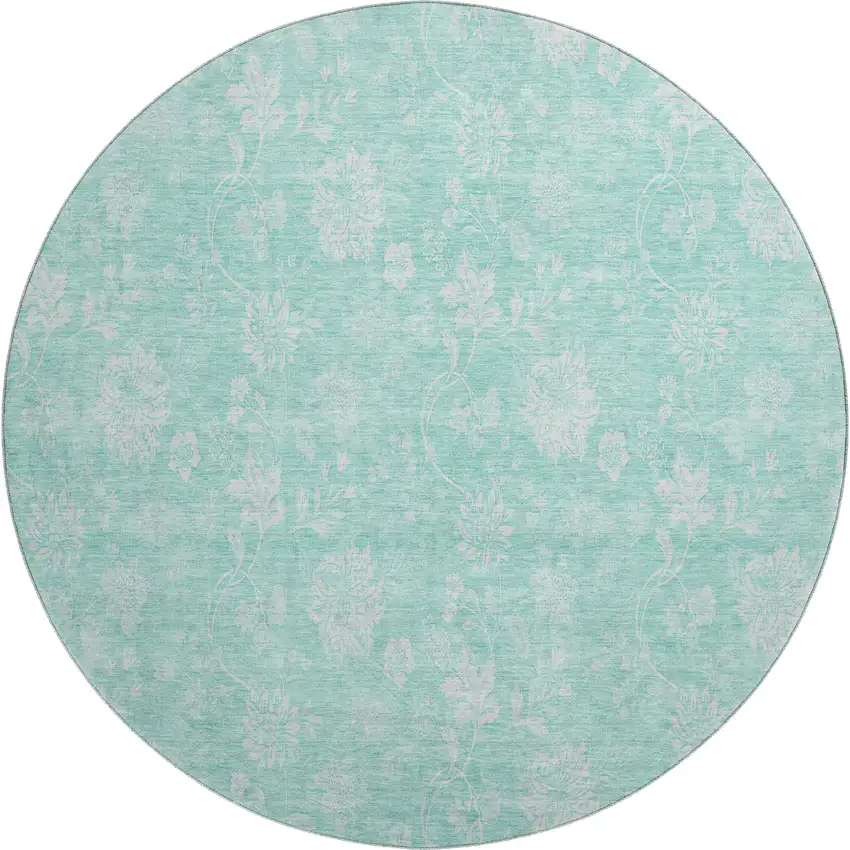 8' Aqua And Ivory Floral Washable Round Rug With UV Protection Photo 1