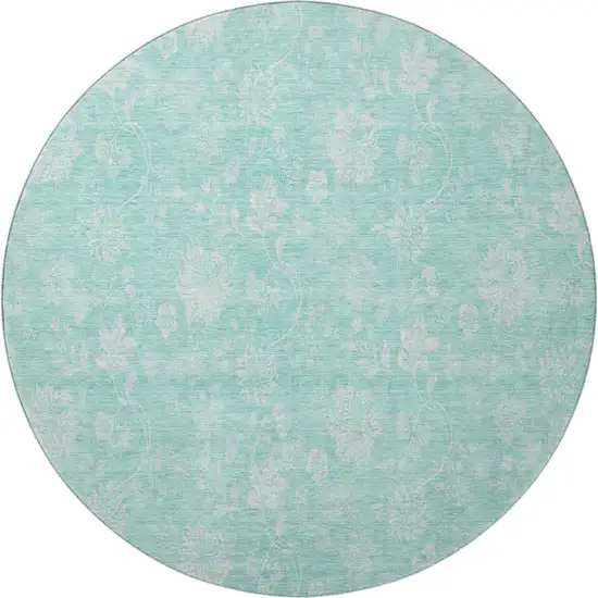 8' Aqua And Ivory Floral Washable Round Rug With UV Protection Photo 3