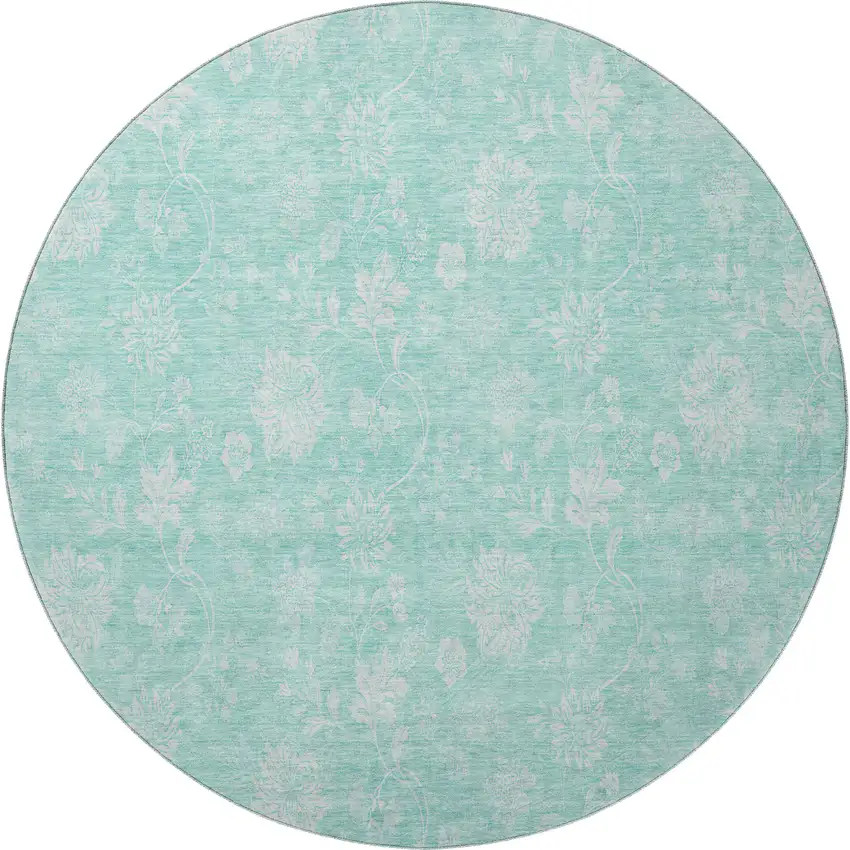 8' Aqua And Ivory Floral Washable Round Rug With UV Protection Photo 3
