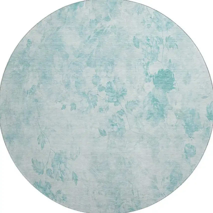 8' Aqua And Ivory Floral Washable Round Rug With UV Protection Photo 3