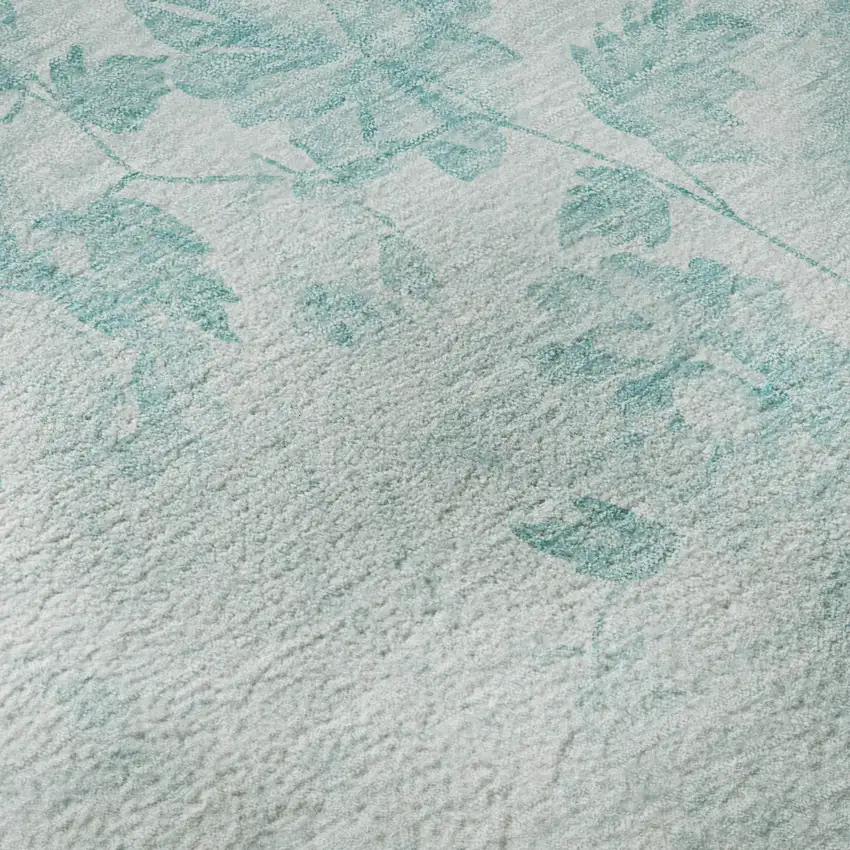 8' Aqua And Ivory Floral Washable Round Rug With UV Protection Photo 8