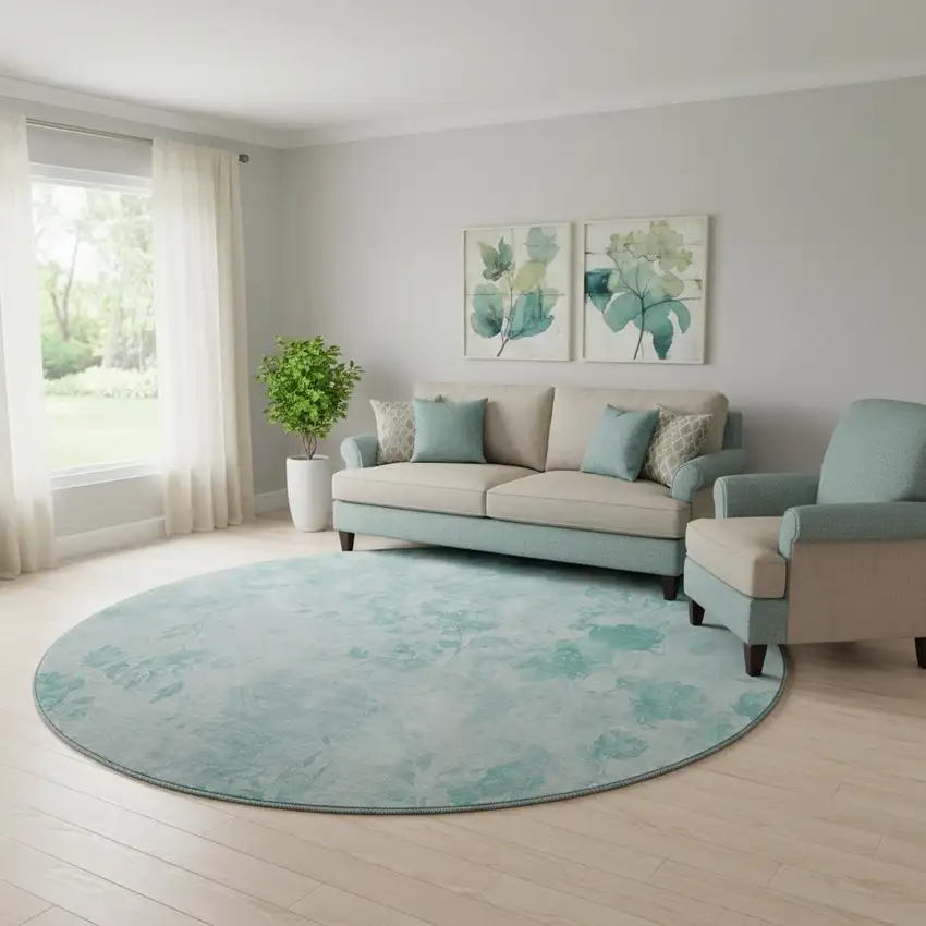 8' Aqua And Ivory Floral Washable Round Rug With UV Protection Photo 1