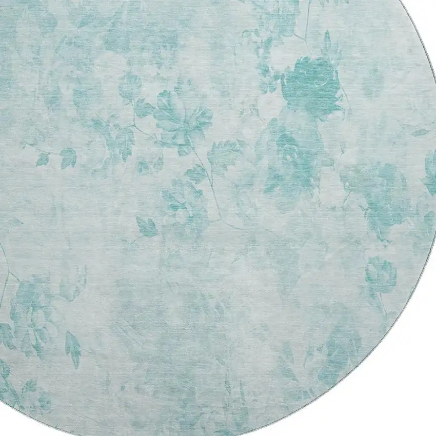 8' Aqua And Ivory Floral Washable Round Rug With UV Protection Photo 2