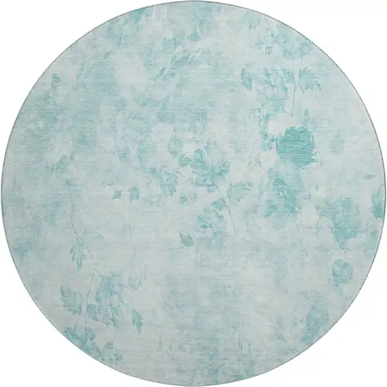 8' Aqua And Ivory Floral Washable Round Rug With UV Protection Photo 1