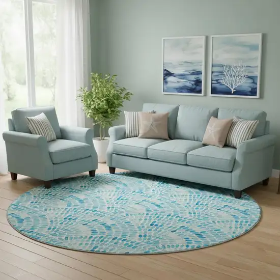 8' Aqua And Ivory Geometric Washable Round Rug With UV Protection Photo 1