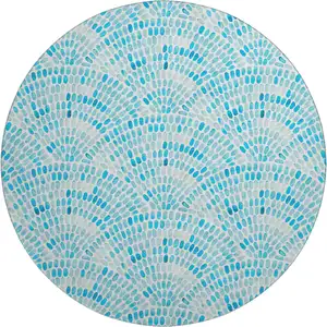 Photo of 8' Aqua And Ivory Geometric Washable Round Rug With UV Protection