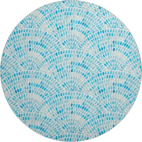 8' Aqua And Ivory Geometric Washable Round Rug With UV Protection Photo 1