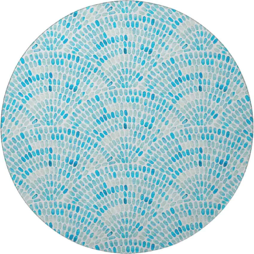 8' Aqua And Ivory Geometric Washable Round Rug With UV Protection Photo 3