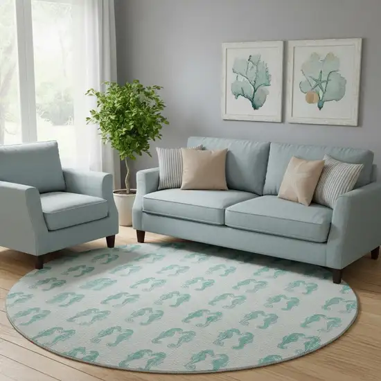 8' Aqua And Ivory Geometric Washable Round Rug With UV Protection Photo 1