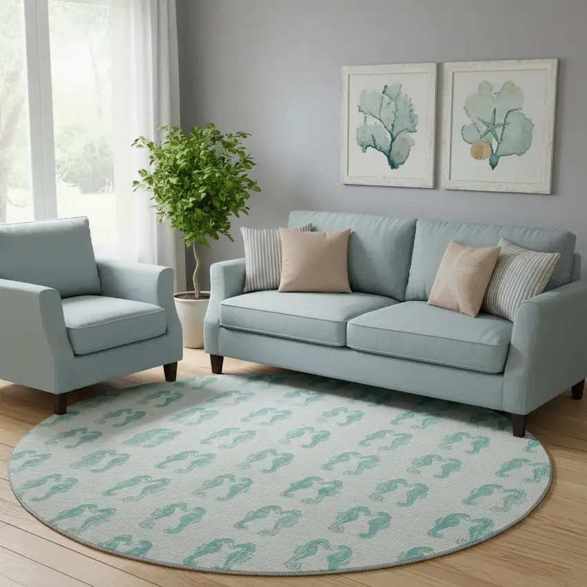 8' Aqua And Ivory Geometric Washable Round Rug With UV Protection Photo 1