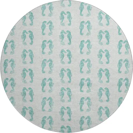 8' Aqua And Ivory Geometric Washable Round Rug With UV Protection Photo 1