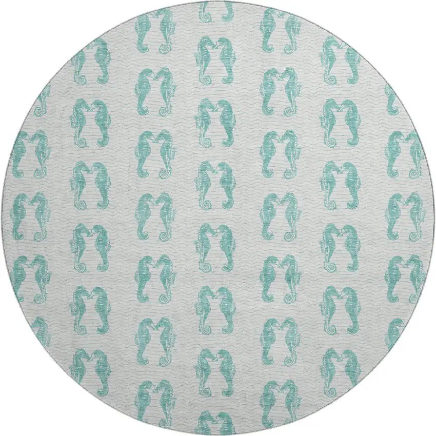 8' Aqua And Ivory Geometric Washable Round Rug With UV Protection Photo 1