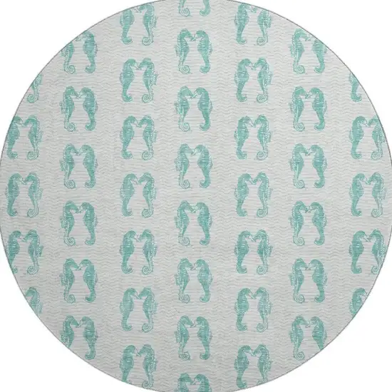 8' Aqua And Ivory Geometric Washable Round Rug With UV Protection Photo 3