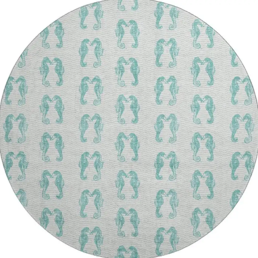 8' Aqua And Ivory Geometric Washable Round Rug With UV Protection Photo 3