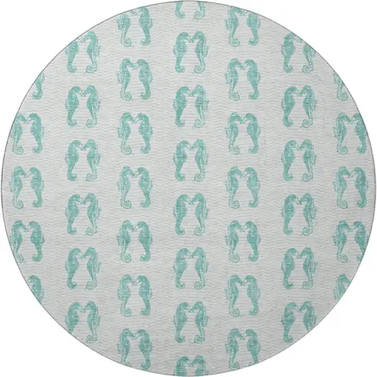 8' Aqua And Ivory Geometric Washable Round Rug With UV Protection Photo 4