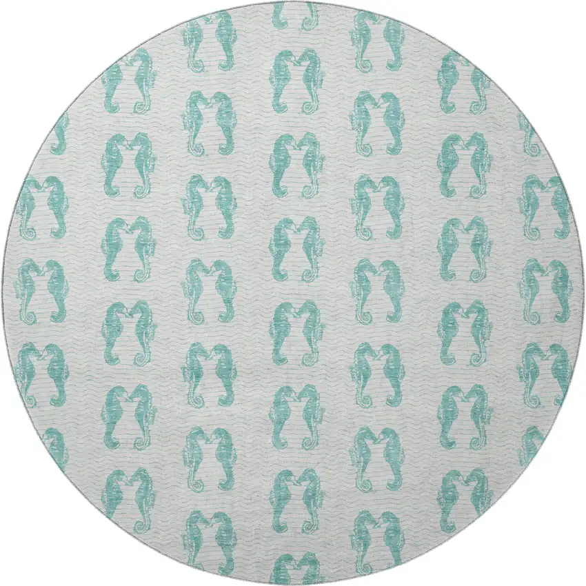 8' Aqua And Ivory Geometric Washable Round Rug With UV Protection Photo 4